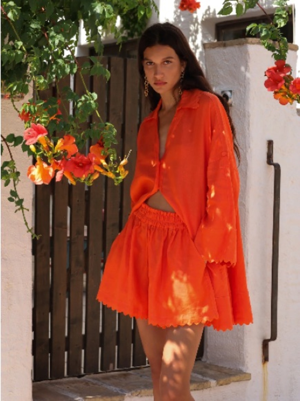 Morton Mac Lora Scalloped Tunic Tall Linen Orange Papaya Shirt Dress Mini